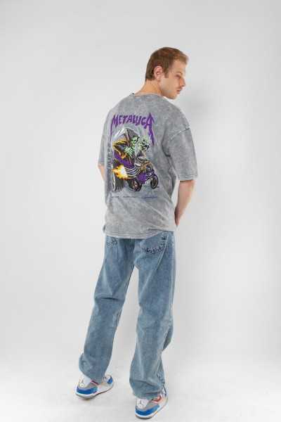 Eightsome Washed White Metallica Purple Back Printed White Unisex Oversize Tshirt 816E1034