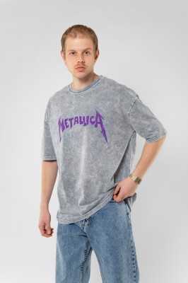 Sekizbiraltı Yıkamalı Beyaz Metallica Mor Sırt Baskılı Beyaz Unisex Oversize Tshirt 816E1034