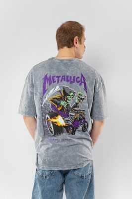 Sekizbiraltı Yıkamalı Beyaz Metallica Mor Sırt Baskılı Beyaz Unisex Oversize Tshirt 816E1034