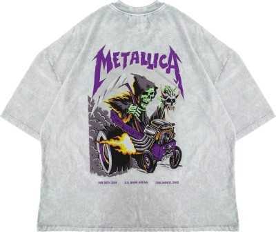 Sekizbiraltı Yıkamalı Beyaz Metallica Mor Sırt Baskılı Beyaz Unisex Oversize Tshirt 816E1034