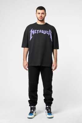 Sekizbiraltı Yıkamalı Beyaz Metallica Mor Sırt Baskılı Beyaz Unisex Oversize Tshirt 816E1034