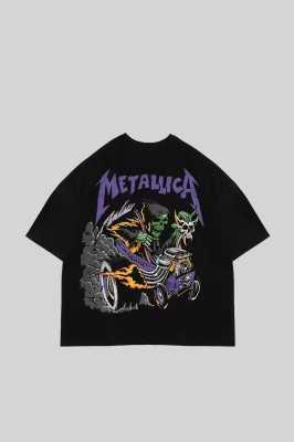 Sekizbiraltı Yıkamalı Beyaz Metallica Mor Sırt Baskılı Beyaz Unisex Oversize Tshirt 816E1034