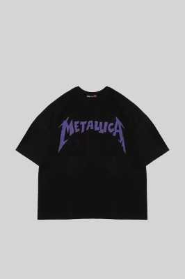 Sekizbiraltı Yıkamalı Beyaz Metallica Mor Sırt Baskılı Beyaz Unisex Oversize Tshirt 816E1034