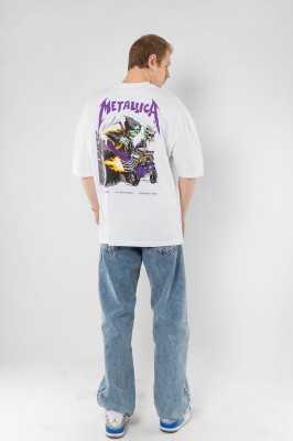 Sekizbiraltı Yıkamalı Beyaz Metallica Mor Sırt Baskılı Beyaz Unisex Oversize Tshirt 816E1034