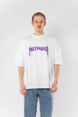 Sekizbiraltı Yıkamalı Beyaz Metallica Mor Sırt Baskılı Beyaz Unisex Oversize Tshirt 816E1034