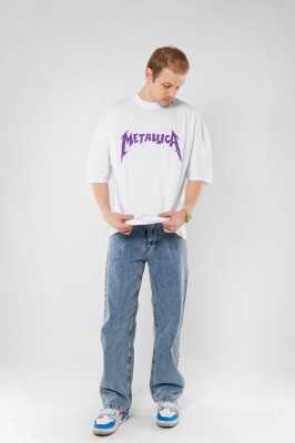 Sekizbiraltı Yıkamalı Beyaz Metallica Mor Sırt Baskılı Beyaz Unisex Oversize Tshirt 816E1034