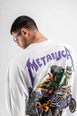 Sekizbiraltı Yıkamalı Beyaz Metallica Mor Sırt Baskılı Beyaz Unisex Oversize Tshirt 816E1034