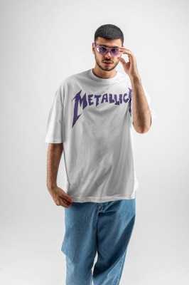 Sekizbiraltı Yıkamalı Beyaz Metallica Mor Sırt Baskılı Beyaz Unisex Oversize Tshirt 816E1034