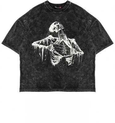 Sekizbiraltı Skeleton Baskılı Oversize Unisex Yıkamalı Siyah Tshirt 816E2032