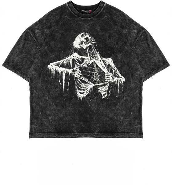 Seksbiraltı Skeleton Printed Oversize Unisex Washed Black Tshirt 816E2032