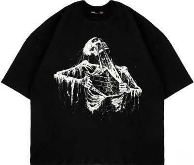 Sekizbiraltı Skeleton Baskılı Oversize Unisex Yıkamalı Siyah Tshirt 816E2032