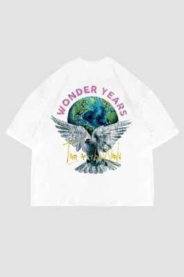 Sekizbiraltı Wonder Years Baskılı Oversize Unisex Yıkamalı Beyaz Tshirt 816E2021