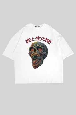 Sekizbiraltı Skull Scream Baskılı Oversize Unisex Yıkamalı Beyaz Tshirt 816E2029