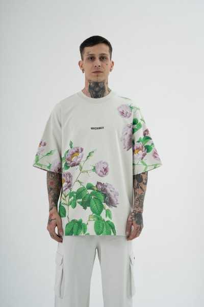 Machinist Men Rose Flower Printed Oversize Grey T-shirt M2074