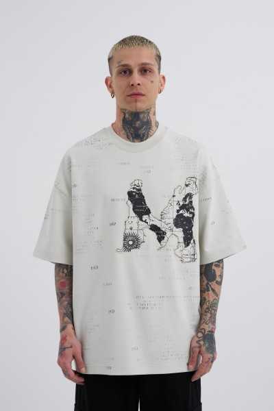 Machinist Male Map Printed Oversize Grey T-shirt M2112