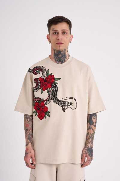 Machinist Male Sneaking Roses Embroidery Oversize Outdoor Beige T-shirt M2011