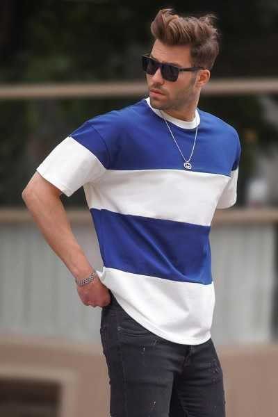 Madmext Navy Oversize Color Blocked Bicycle Collar T-shirt 7020