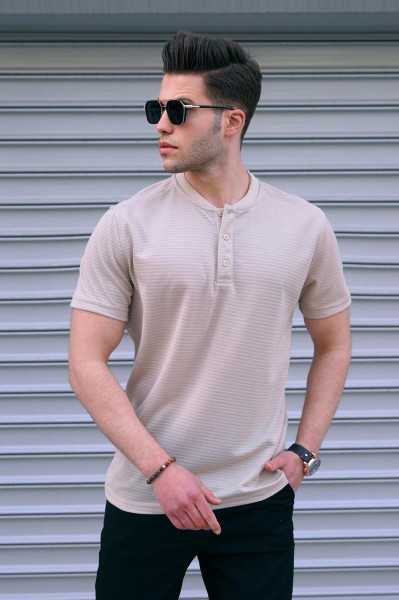 Madmext Beige Button Sweater Male T-shirt 5842