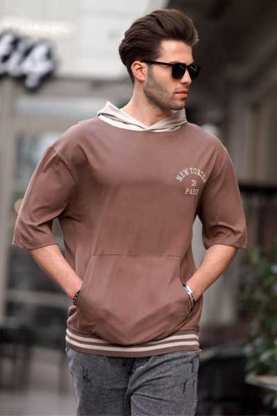 Madmext Brown Hooded Male T-shirt 6182