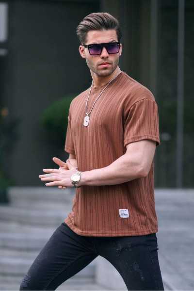 Madmext Brown Oversize Bicycle Collar Male T-shirt 6179