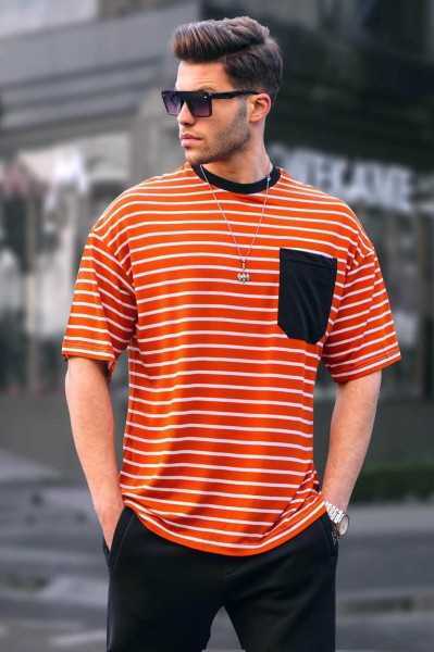 Madmext Male Orange Stripe Basic T-shirt 6084