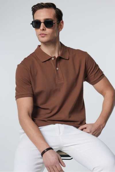 Tudors Male Slim Fit Dar Cutting 100% Cotton Plain Pike Brown Polo Collar T-shirt TS240016-T2