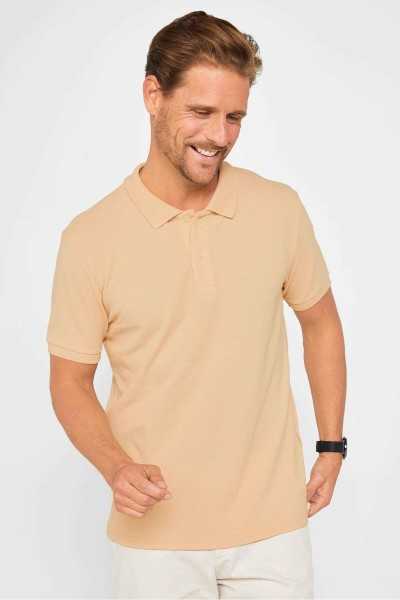 Tudors Erkek Slim Fit Dar Kesim Pamuklu Yumuşak Doku Nefes Alan Kumaş Kıvrılmaz Yaka Bej Polo Yaka Tişört TS240019