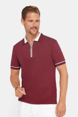 Tudors Erkek Slim Fit Dar Kesim %100 Pamuk Düz Pike Fermuarlı Bordo Polo Yaka Tişört TS230013