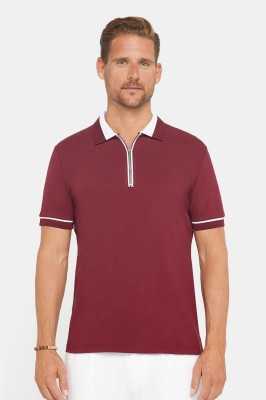 Tudors Erkek Slim Fit Dar Kesim %100 Pamuk Düz Pike Fermuarlı Bordo Polo Yaka Tişört TS230013