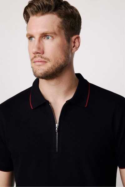 Tudors Male Slim Fit Dar Cutting 100% Cotton Plain Pike Zipper Black Polo Collar T-shirt TS230022-02