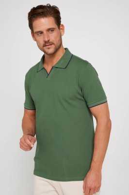 Tudors Erkek Slim Fit Dar Kesim %100 Pamuk Düz Pike Düğmesiz Haki Polo Yaka Tişört TS230021-48