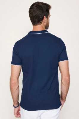 Tudors Erkek Slim Fit Dar Kesim %100 Pamuk Düz Pike Düğmesiz Lacivert Polo V Yaka Tişört TS230021-47