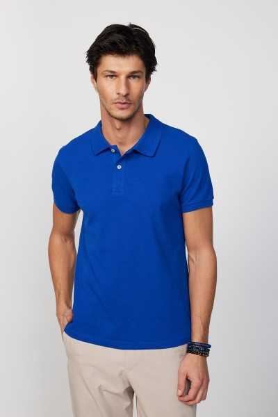 Tudors Male Slim Fit Dar Cutting 100% Cotton Plain Pike Sax Blue Polo Collar T-shirt TS240016-SB11