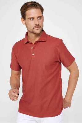 Tudors Erkek Slim Fit Dar Kesim %100 Pamuk Armürlü Kiremit Renk Polo Yaka Tişört TS240023-TL1