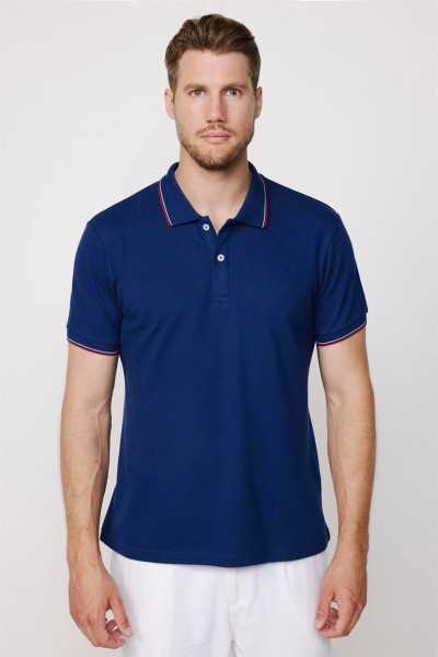 Tudors Mens Slim Fit Dar Cutting 100% Cotton Plain Pike Sleeve Striped Navy Navy Navy Blue Polo Collar T-shirt TS230024-47