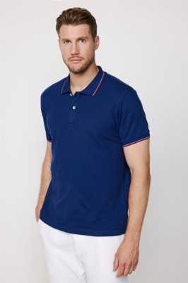 Tudors Erkek Slim Fit Dar Kesim %100 Pamuk Düz Pike Kol Şeritli Lacivert Polo Yaka Tişört TS230024-47