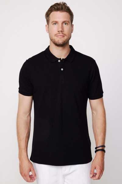 Tudors Male Slim Fit Dar Cutting 100% Cotton Plain Pike Black Polo Collar T-shirt TS230003-BLACK2