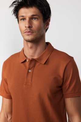 Tudors Erkek Slim Fit Dar Kesim %100 Pamuk Düz Pike Turuncu Polo Yaka Tişört TS240016