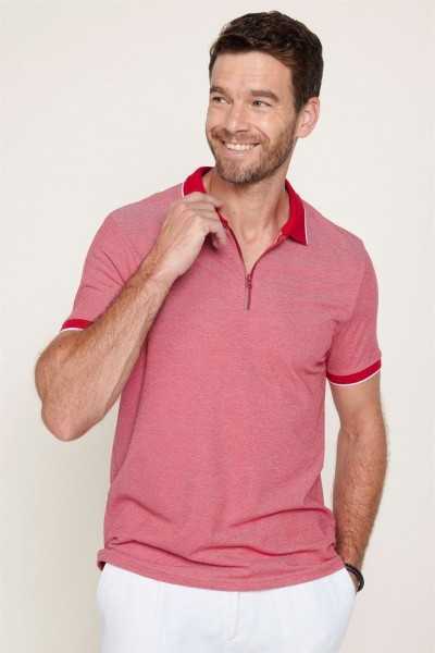 Tudors Erkek Slim Fit Dar Kesim Pamuklu Fermuarlı Bordo Polo Yaka Tişört TS230006-08