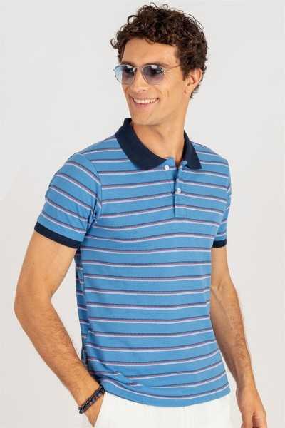 Tudors Male Slim Fit Dar Cutting 100% Cotton Stripe Pike Blue Polo Collar T-shirt TS220003-300