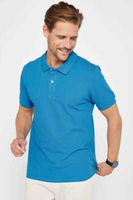 Tudors Erkek Slim Fit Dar Kesim %100 Pamuk Düz Pike Mavi Polo Yaka Tişört TS240016-VB