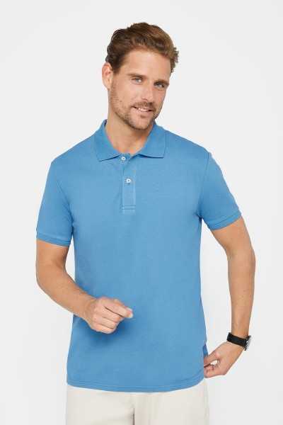 Tudors Erkek Slim Fit Dar Kesim %100 Pamuk Düz Pike İndigo Polo Yaka Tişört TS240016-CB