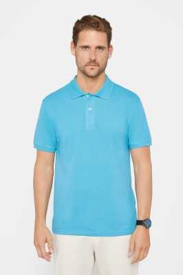 Tudors Erkek Slim Fit Dar Kesim %100 Pamuk Düz Pike Mavi Polo Yaka Tişört TS240016-NB1