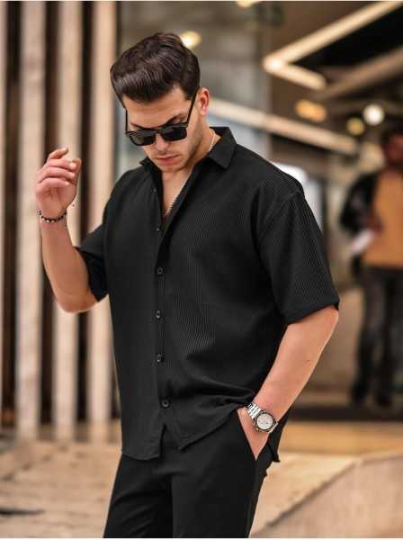 Valiberta Oversize Fitilli Short Sleeve Shirt - Black G10057