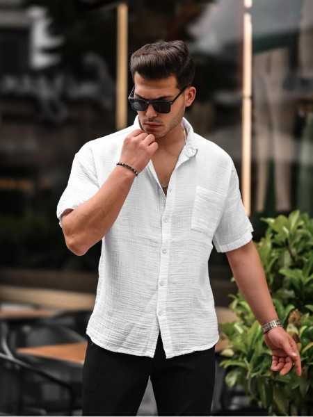 Oversize Ink Fabric Single Pocket Shirt- White G10058