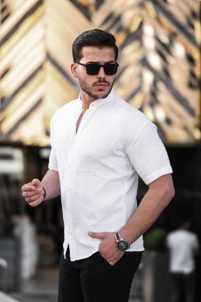 Valiberta Hakim Collar Müslin Fabric Short Sleeve Shirt - White G10099