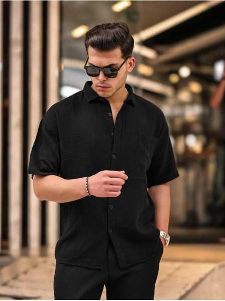 Oversize Ink Fabric Single Pocket Shirt- Black G10058