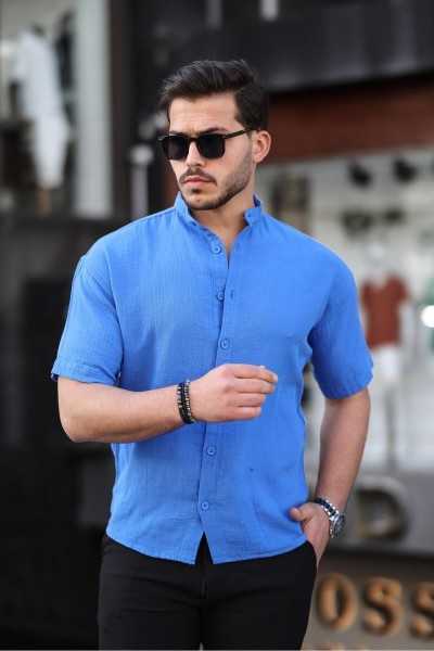 Valiberta Hakim Collar Müslin Fabric Short Sleeve Shirt - Parlement Blue G10099