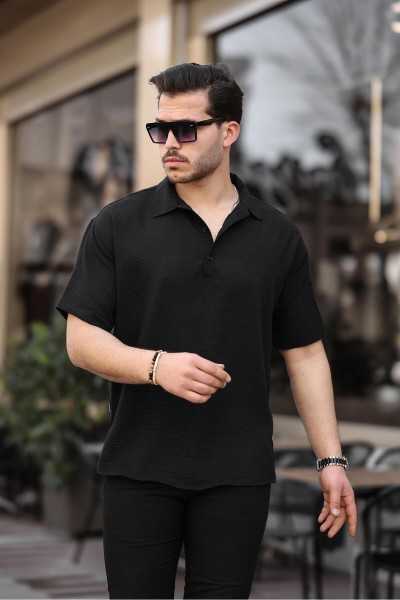 Valiberta Polo Collar Oversize Half Pat Bamboo Short Sleeve Shirt - Black G10098