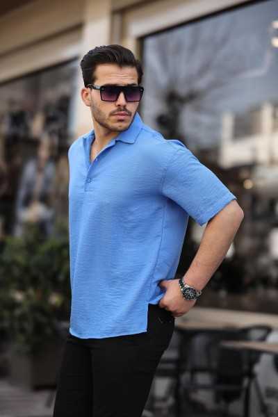 Valiberta Polo Collar Oversize Half Pat Bamboo Short Sleeve Shirt - Parlement Blue G10098